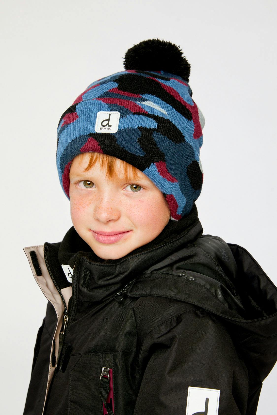 Winter Knit Hat With Pompom Blue And Red Camouflage