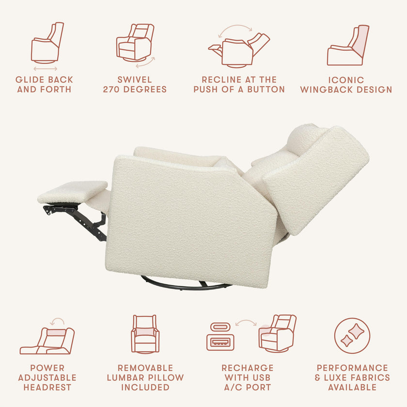 Kiwi Plus Power Recliner and Swivel Glider with Power Adjustable Headrest and USB Port in Performance Ivory Boucle