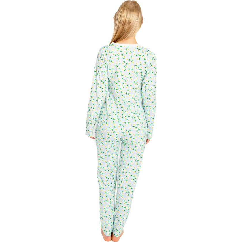 Women's Daisy Jersey Long PJ Set - Blue Organic Stretch Cotton