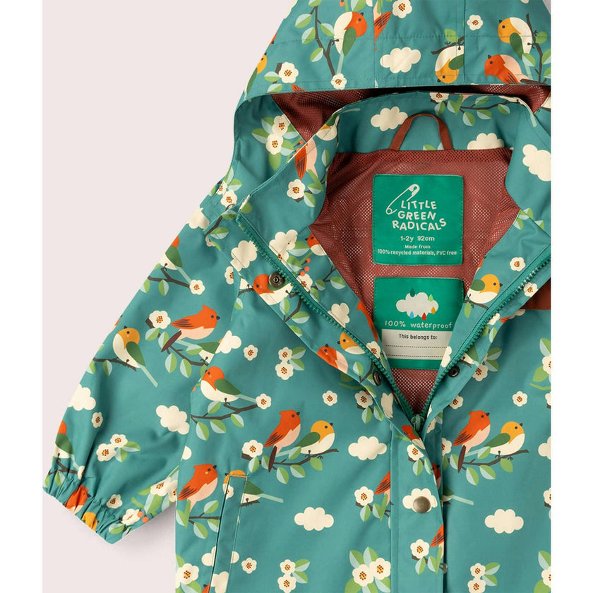 Turquoise Birds Recycled Waterproof Raincoat, Turquoise