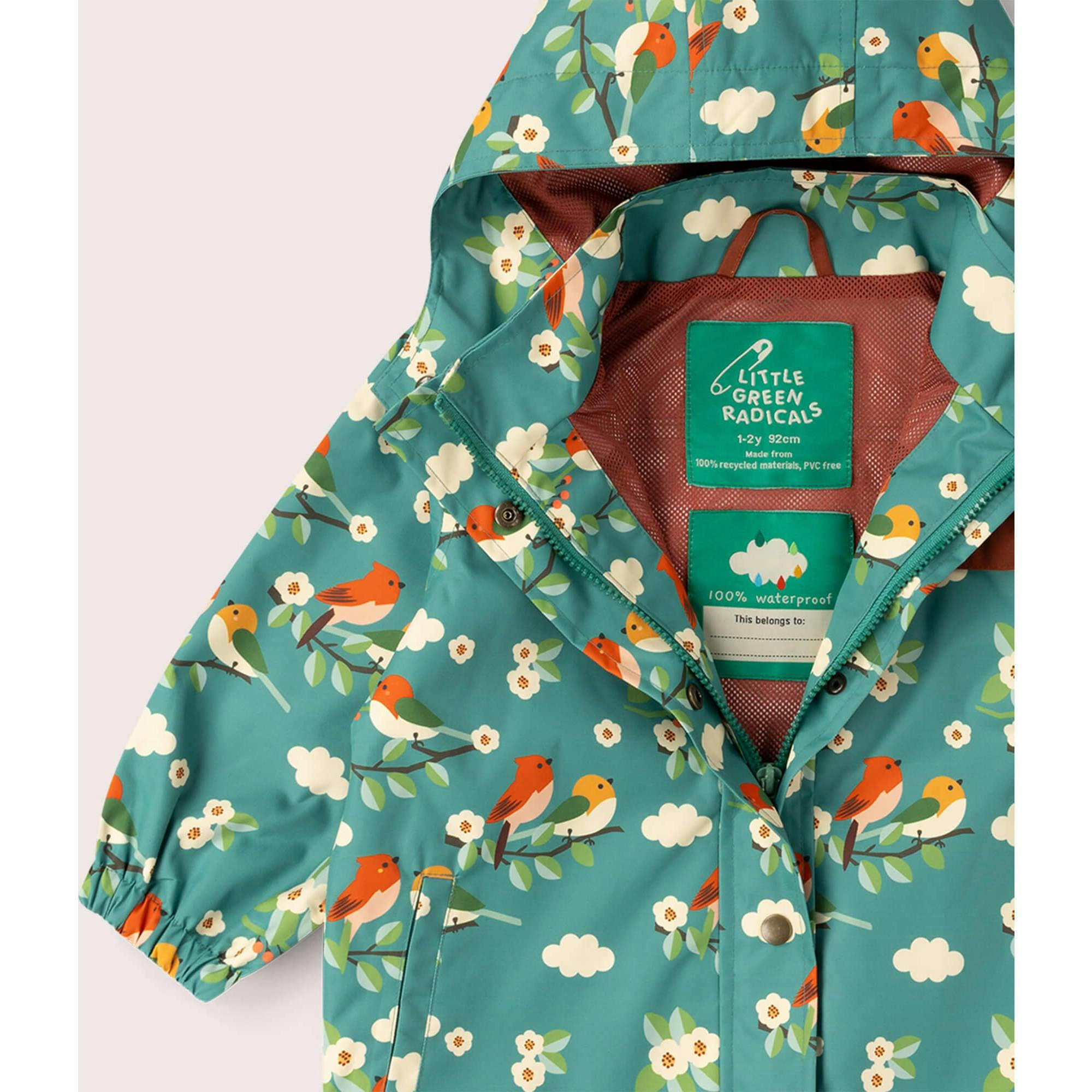 Turquoise Birds Recycled Waterproof Raincoat, Turquoise
