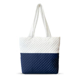 Newport Two-Tone Quilted Tote Bag with Zipper Closure- White/Dark Blue