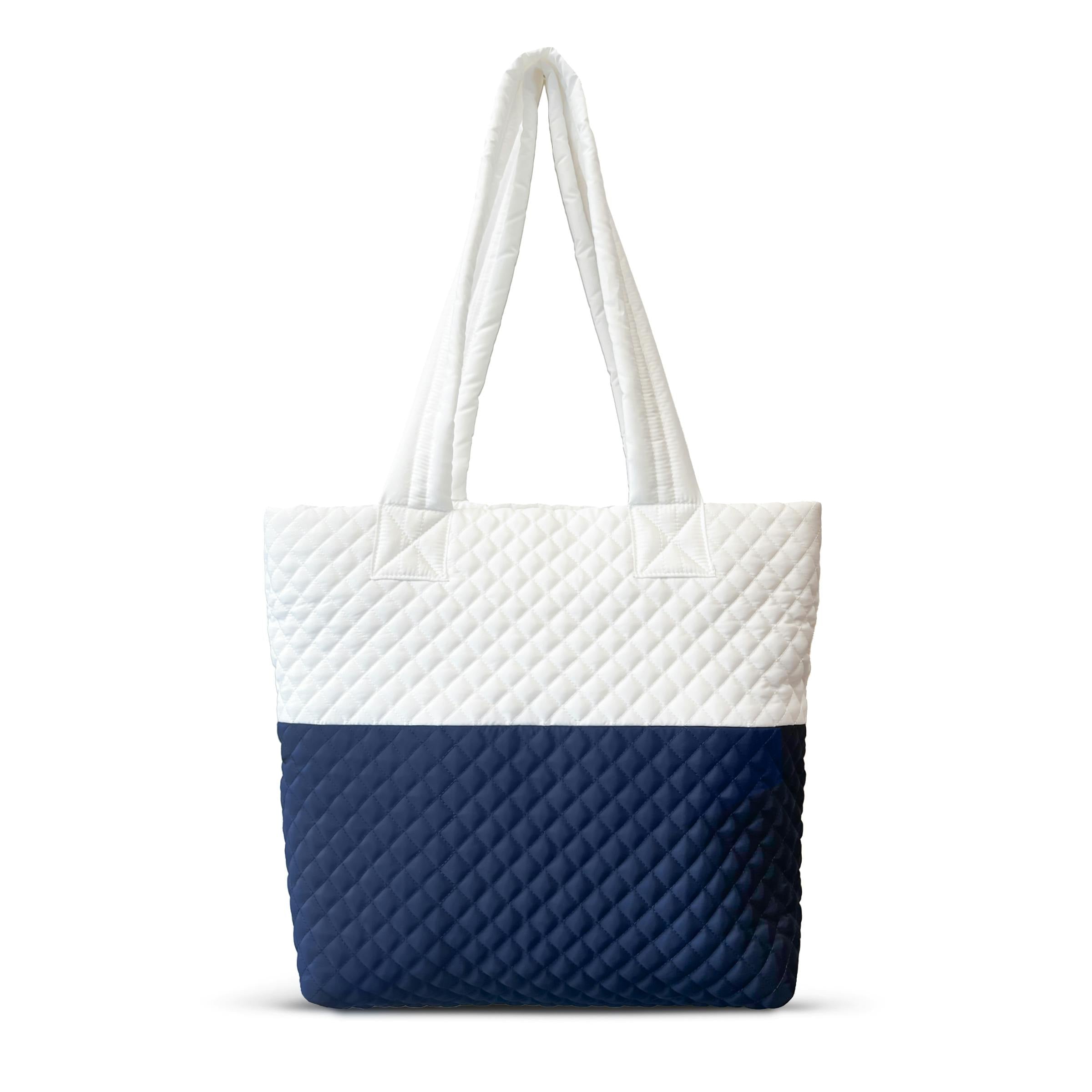 Newport Two-Tone Quilted Tote Bag with Zipper Closure- White/Dark Blue