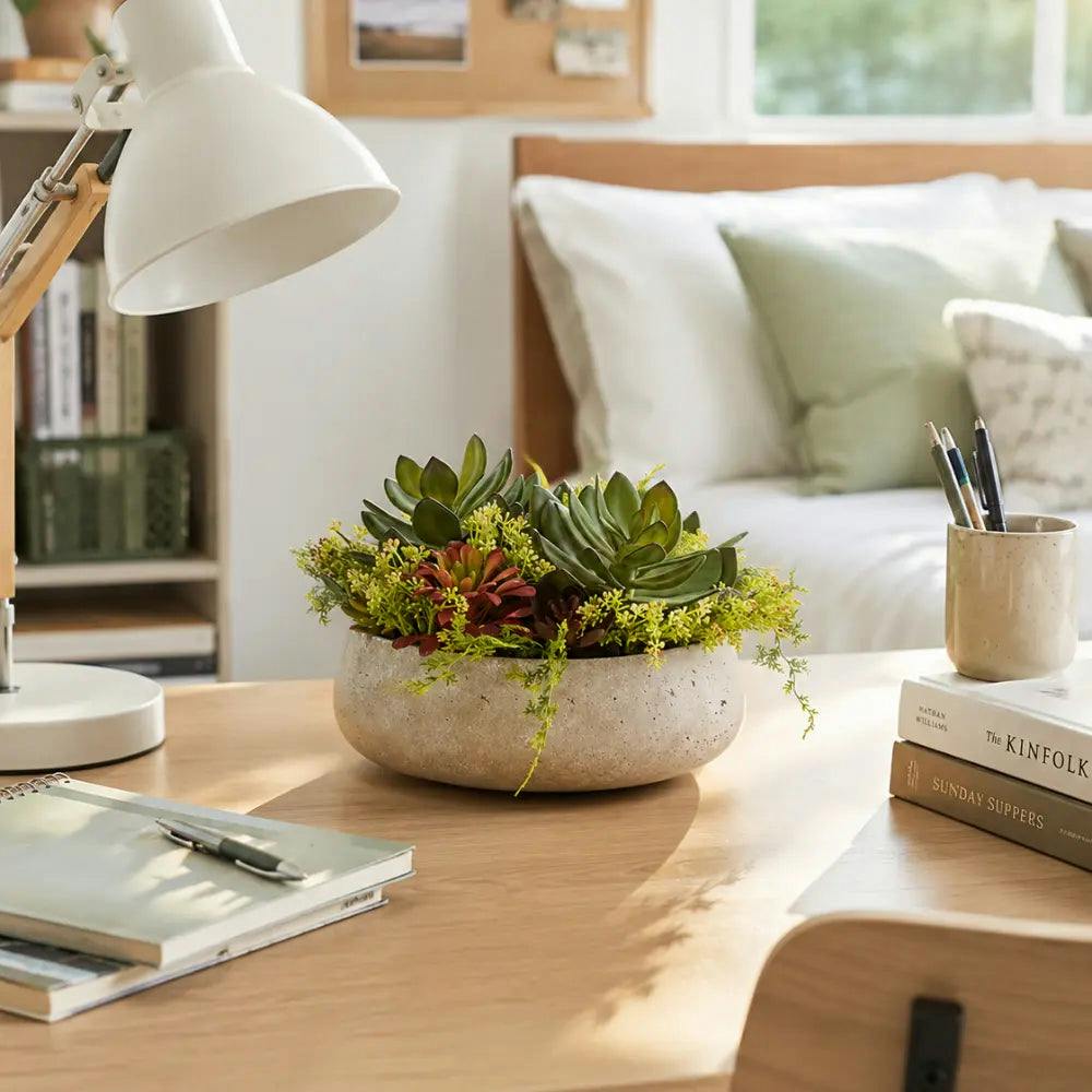 Round Artificial Succulent Arrangement, Natural Planter