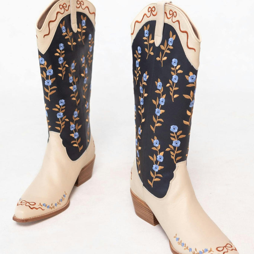 Rosemary Cowgirl Boots in Cream & Navy