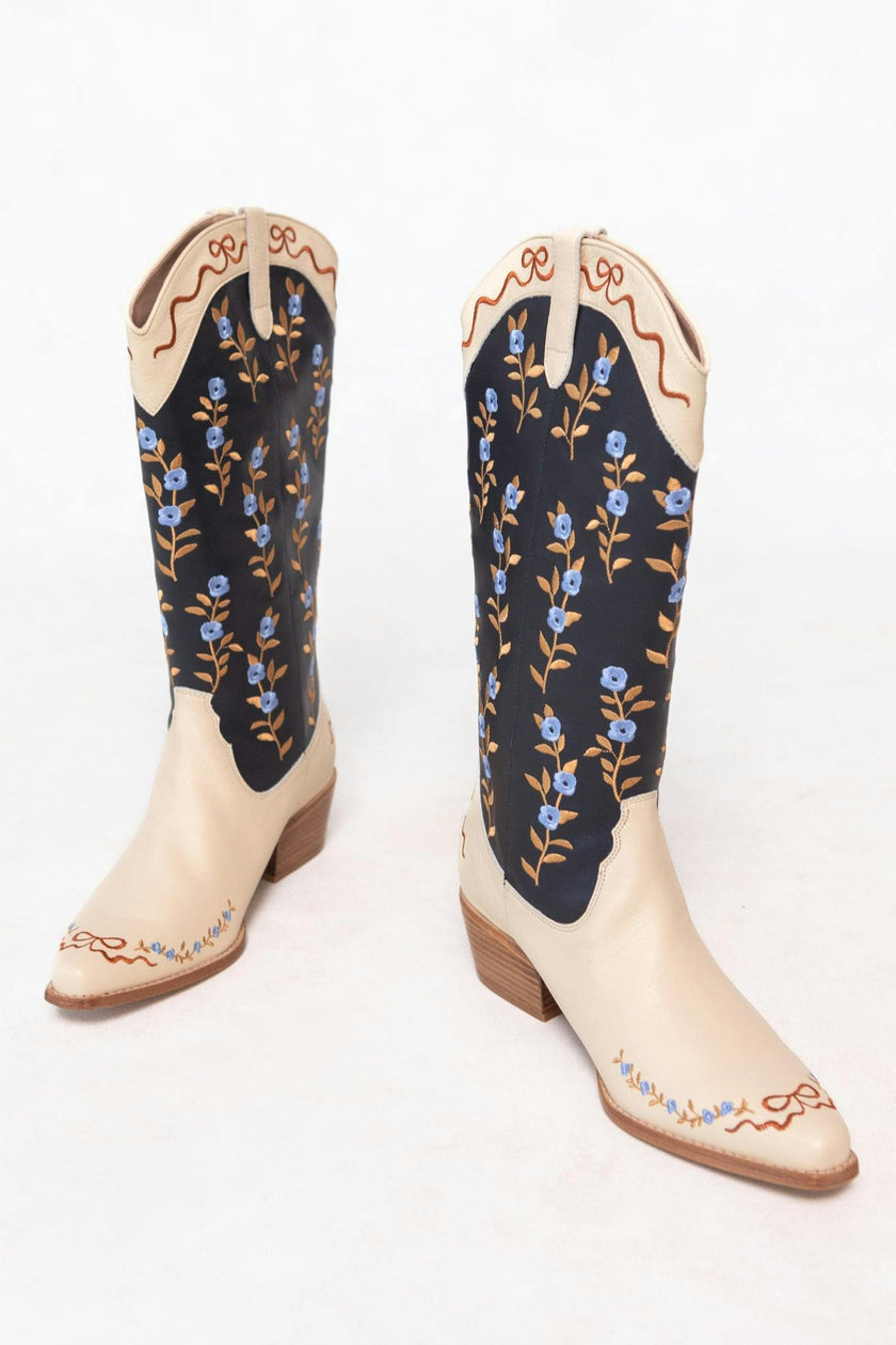 Rosemary Cowgirl Boots in Cream & Navy