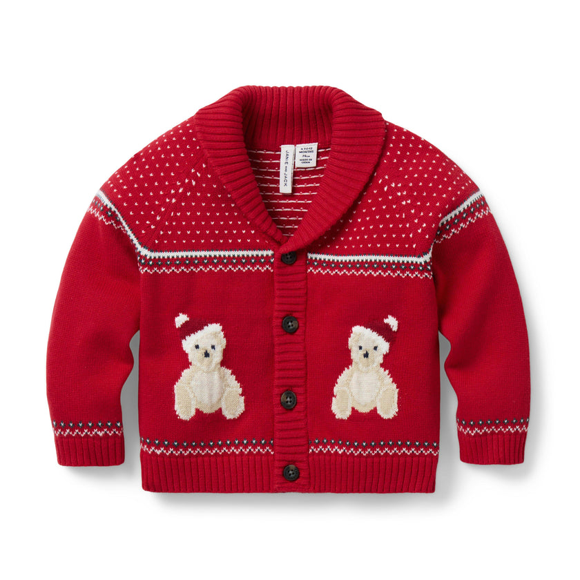 The Holiday Bear Baby Cardigan, red