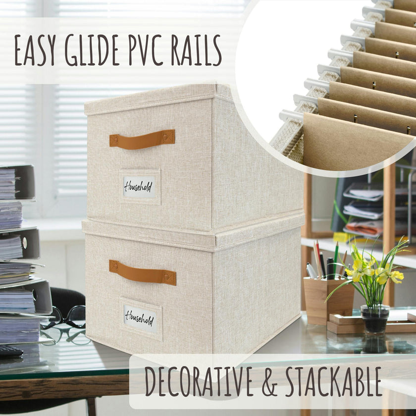 ZICOTO Decorative Ivory File Box Organizer Set of 2 - Collapsible Linen File Cabinet for Easy Folder Storage - Store All Your Documents and Folders in Style