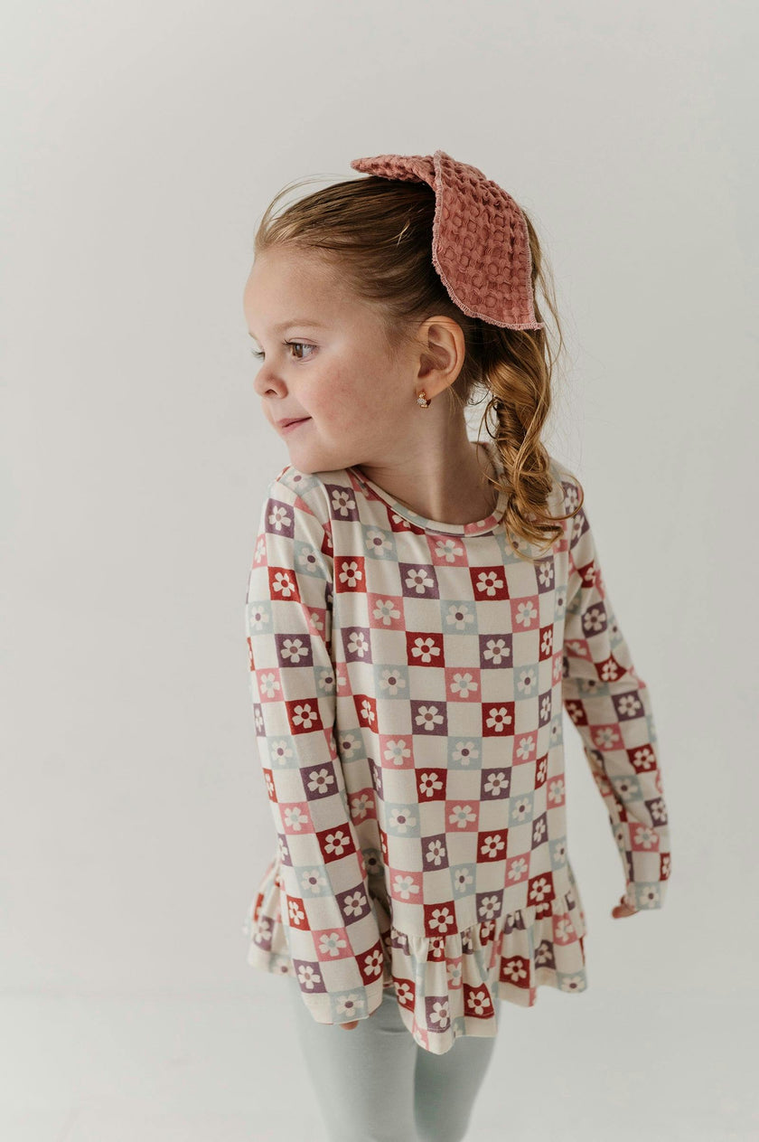 Girls Long Sleeve Peplum Set in Wavy Daisy Checkered