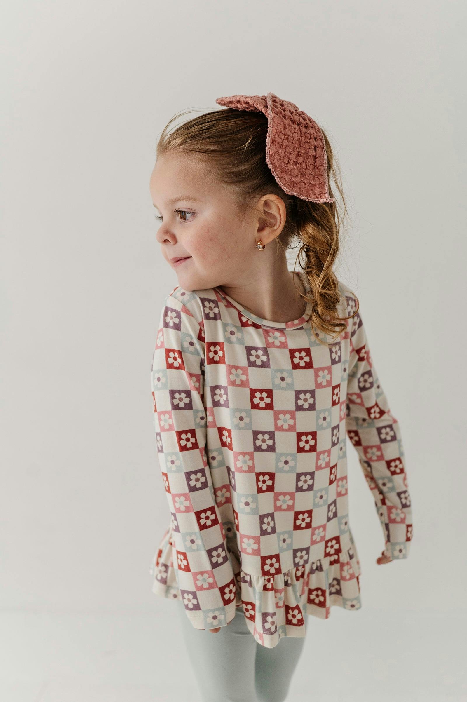 Girls Long Sleeve Peplum Set in Wavy Daisy Checkered