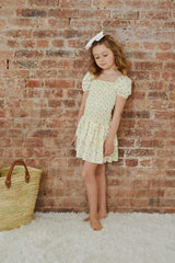 Lexi Pastel Yellow Ditsy Satin Smocked Short Sleeve Ruffle Dress
