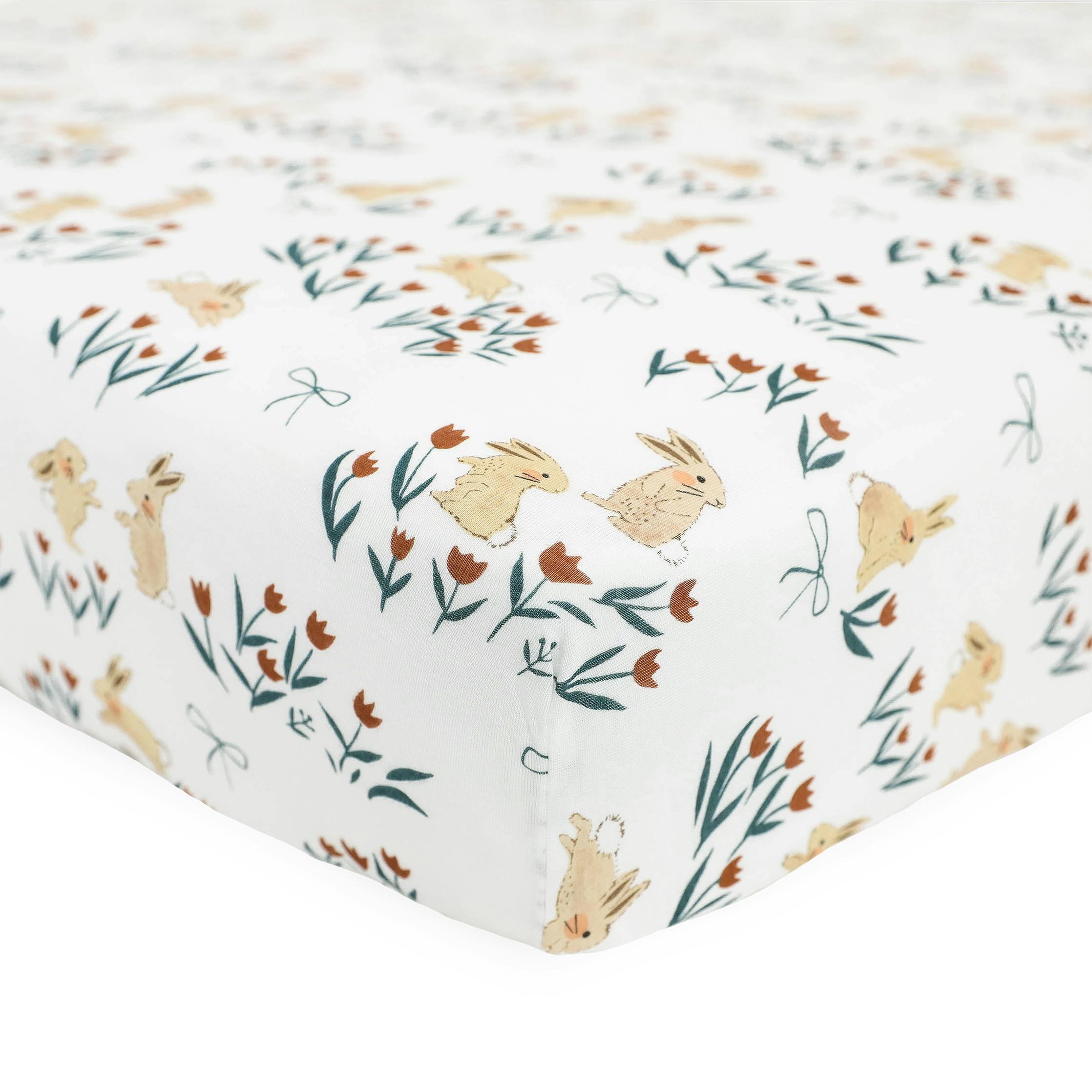Stretch Knit Crib Sheet - Bunnies and Tulips