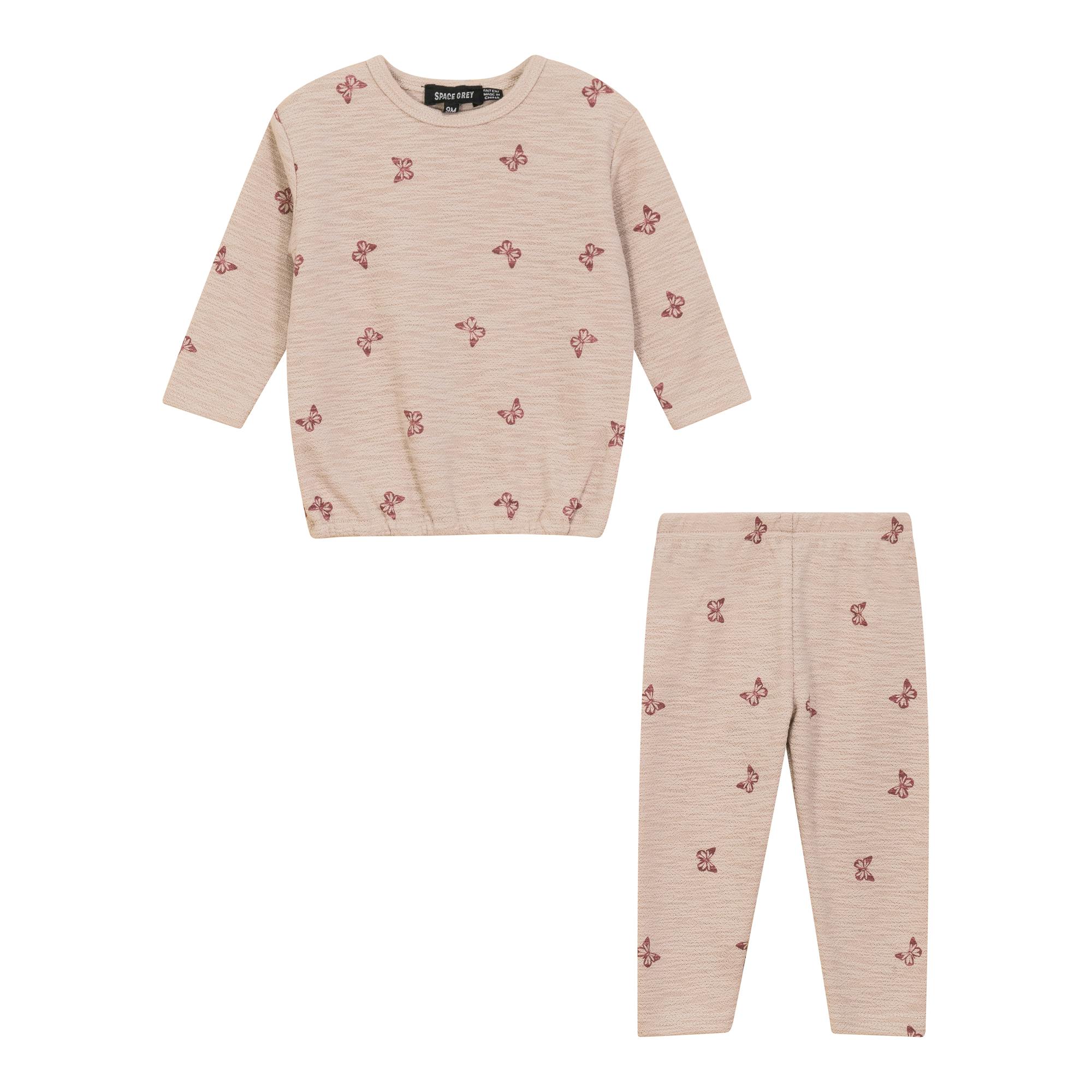 Butterfly Turtle Printed Elastic Waist Long Sleeve Top and Pants Two Piece Set