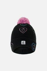 Winter Knit Hat With Pompom Black, Mauve And Blue