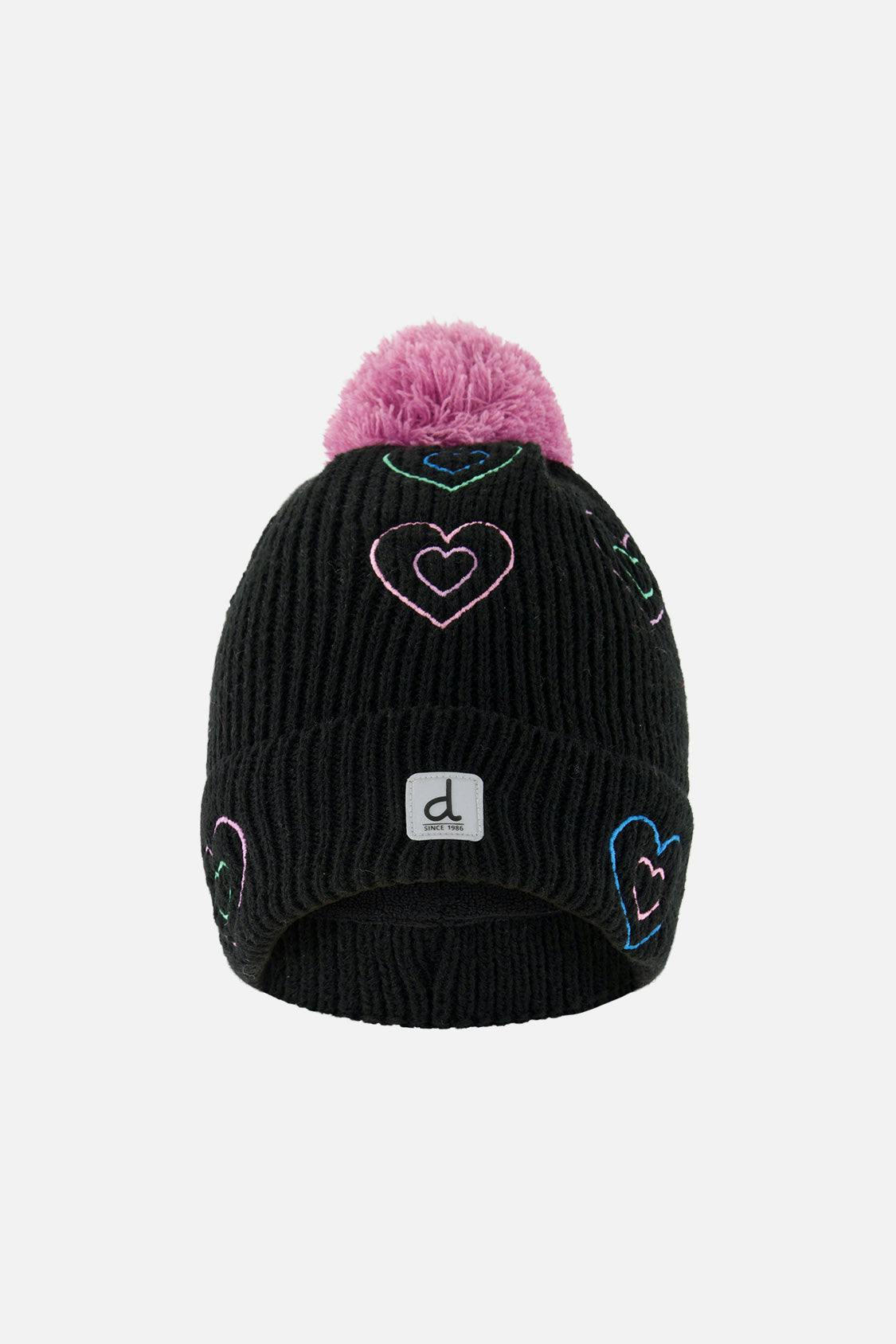 Winter Knit Hat With Pompom Black, Mauve And Blue