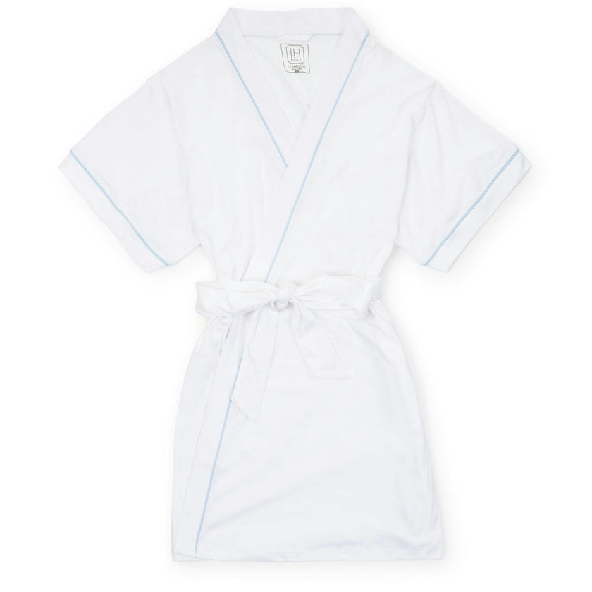 Mamie Women's Short Sleeve Spa Wrap Robe - White with Light Blue Piping