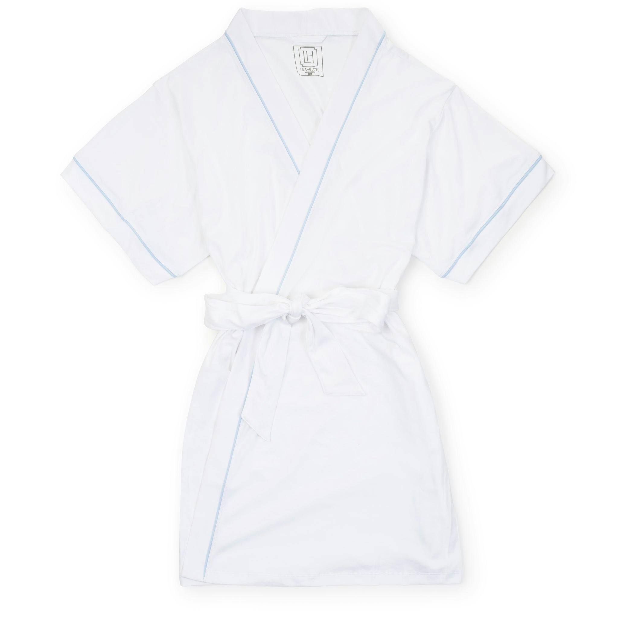 Mamie Women's Short Sleeve Spa Wrap Robe - White with Light Blue Piping