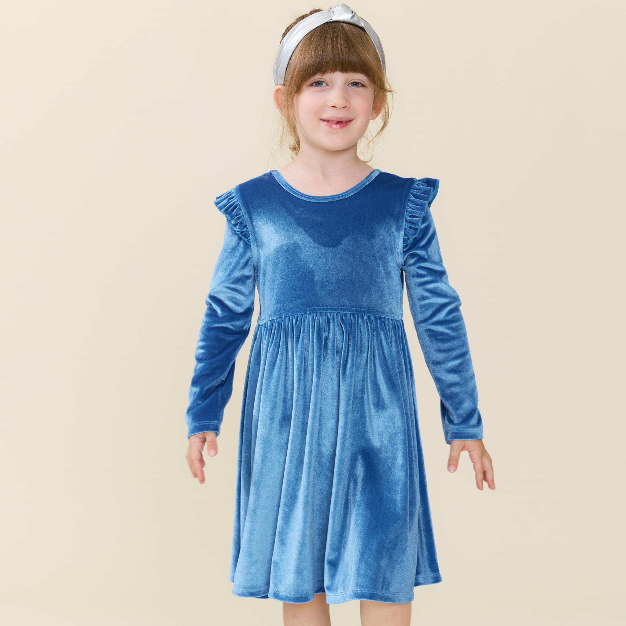 Girls Natalie Dress - Bright Blue Velour