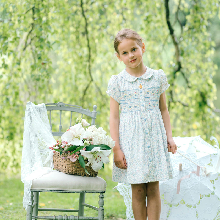 Violette Floral Blue Short Puff Smocked Dress
