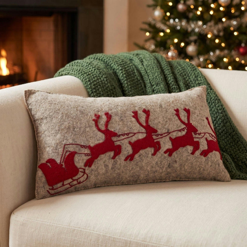Handmade Christmas Pillow Hand Felted Wool - Red Reindeer Gray - 12"x24"
