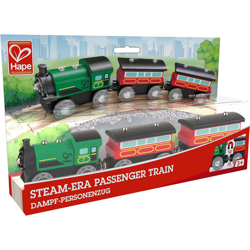 Hape: Steam-Era Passenger Train&nbsp;- Green & Red - 3pc Wooden Locomotive Toy