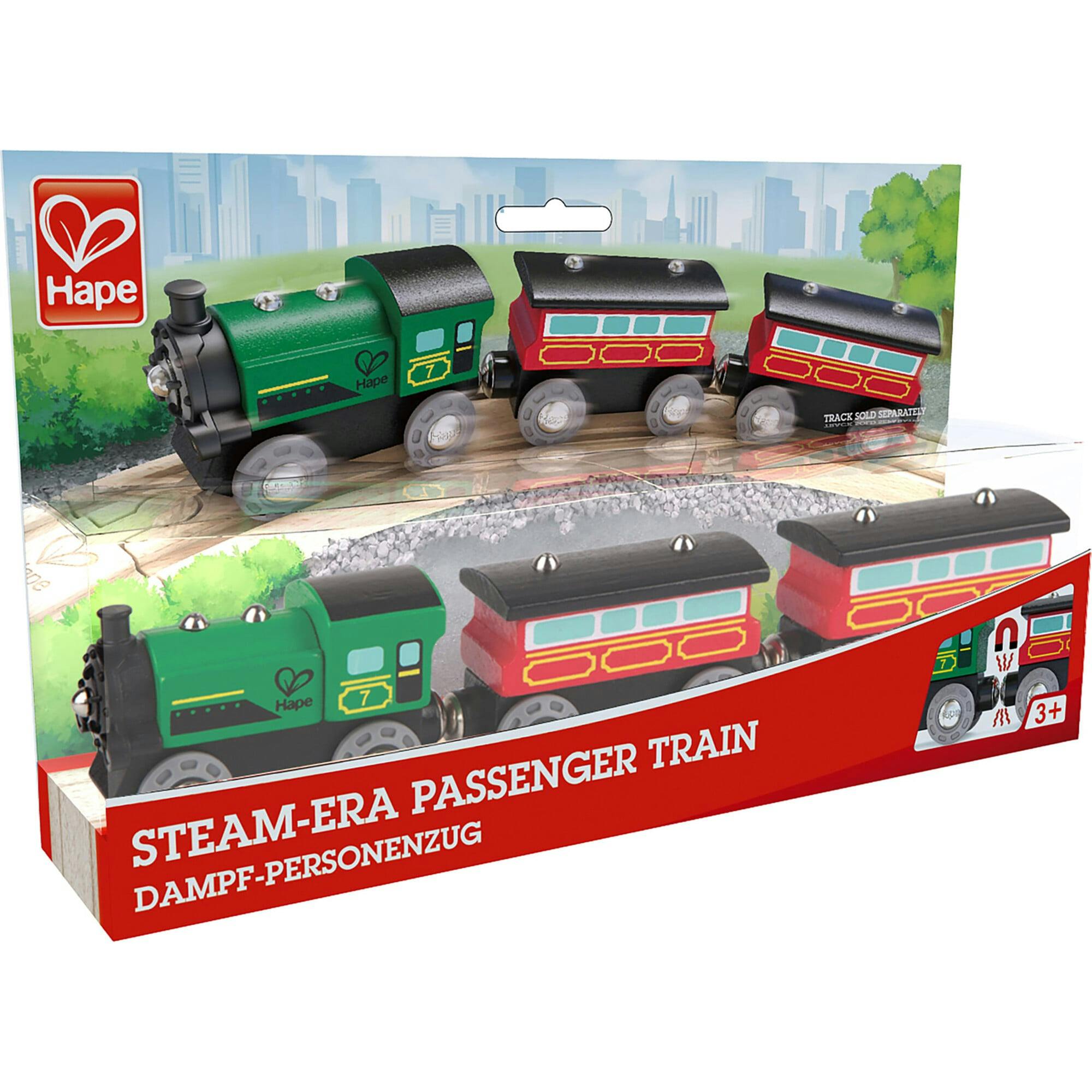 Hape: Steam-Era Passenger Train&nbsp;- Green & Red - 3pc Wooden Locomotive Toy