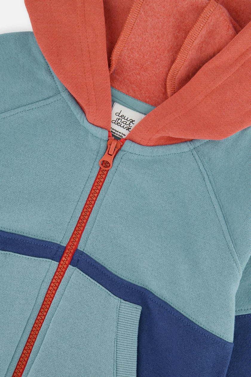 Full Zip Hooded Fleece Jacket Blue, Turquoise And Orange