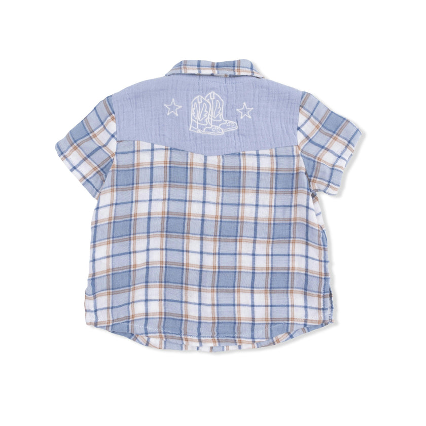 Western Boot Plaid - Short Sleeve Western Pearl Snap Shirt with Casual Short