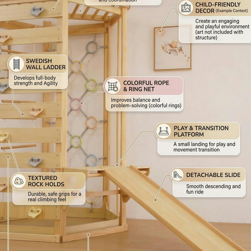 Hawthorn Indoor Playground | 93" Montessori Climbing Gym with Slide & Rope Net