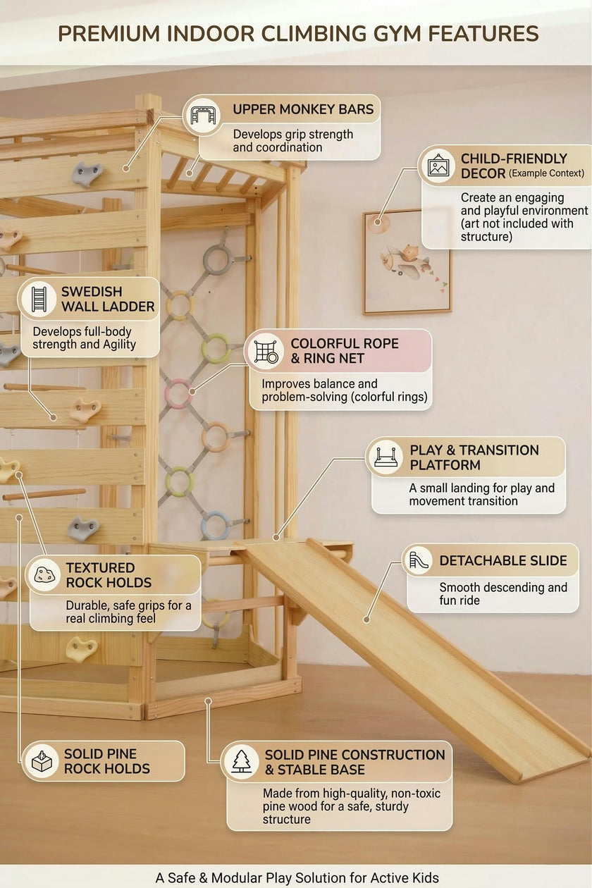 Hawthorn Indoor Playground | 93" Montessori Climbing Gym with Slide & Rope Net