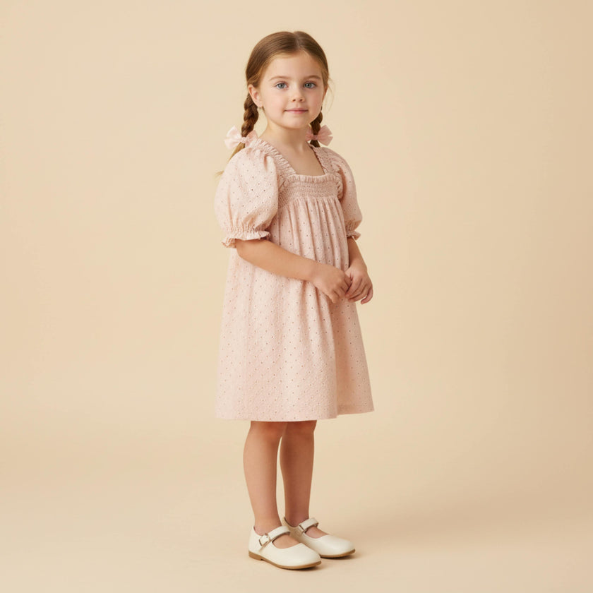 Organic Eyelet Bubble Sleeve Dress - Blush Eyelet