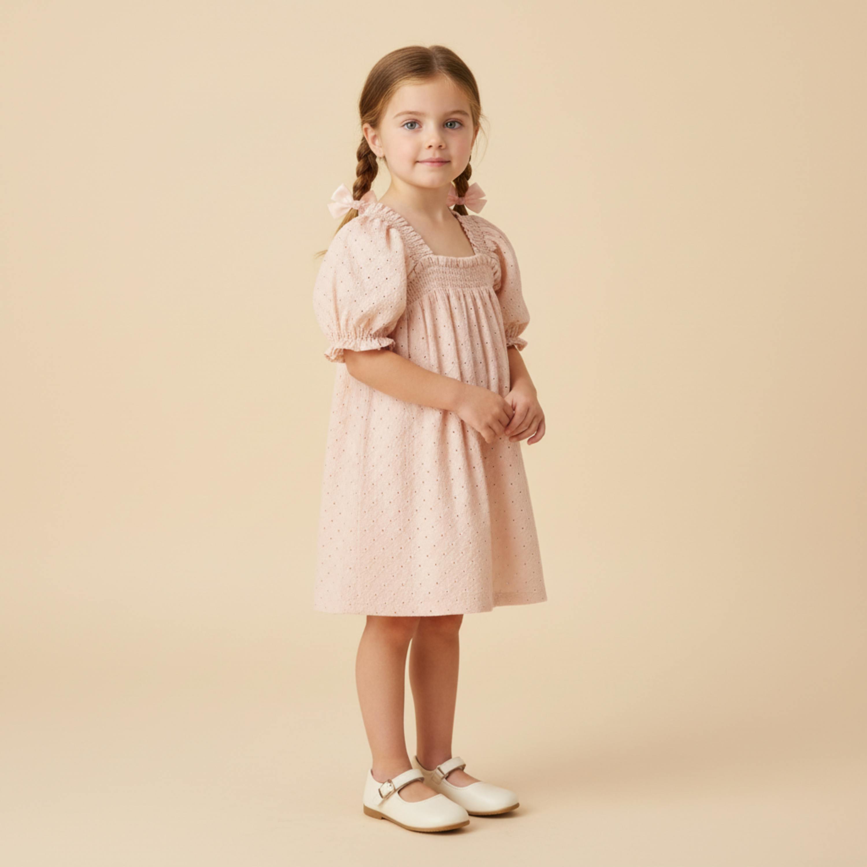 Organic Eyelet Bubble Sleeve Dress - Blush Eyelet