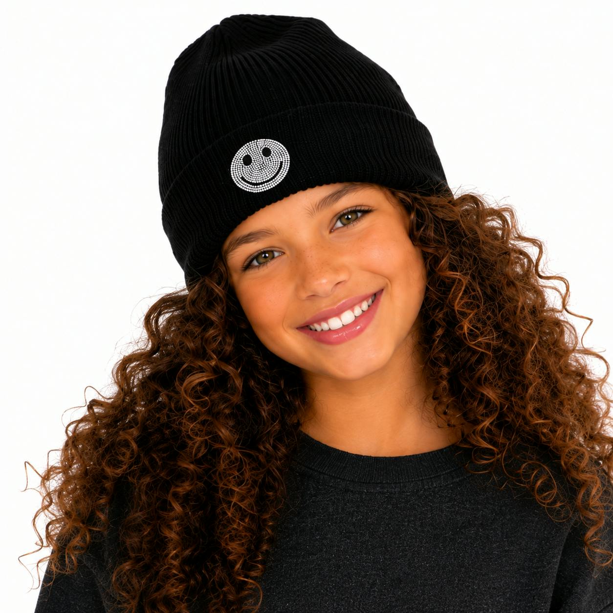 Beanie with Rhinestone Happy Face Patch