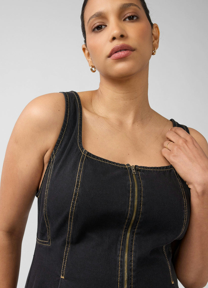 Zip Front Drapey Denim Maternity Jumpsuit