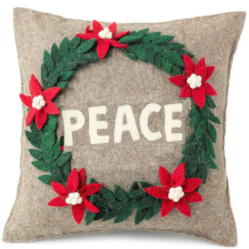 Hand Felted Wool Christmas Pillow - PEACE Wreath Natural Gray - 20"