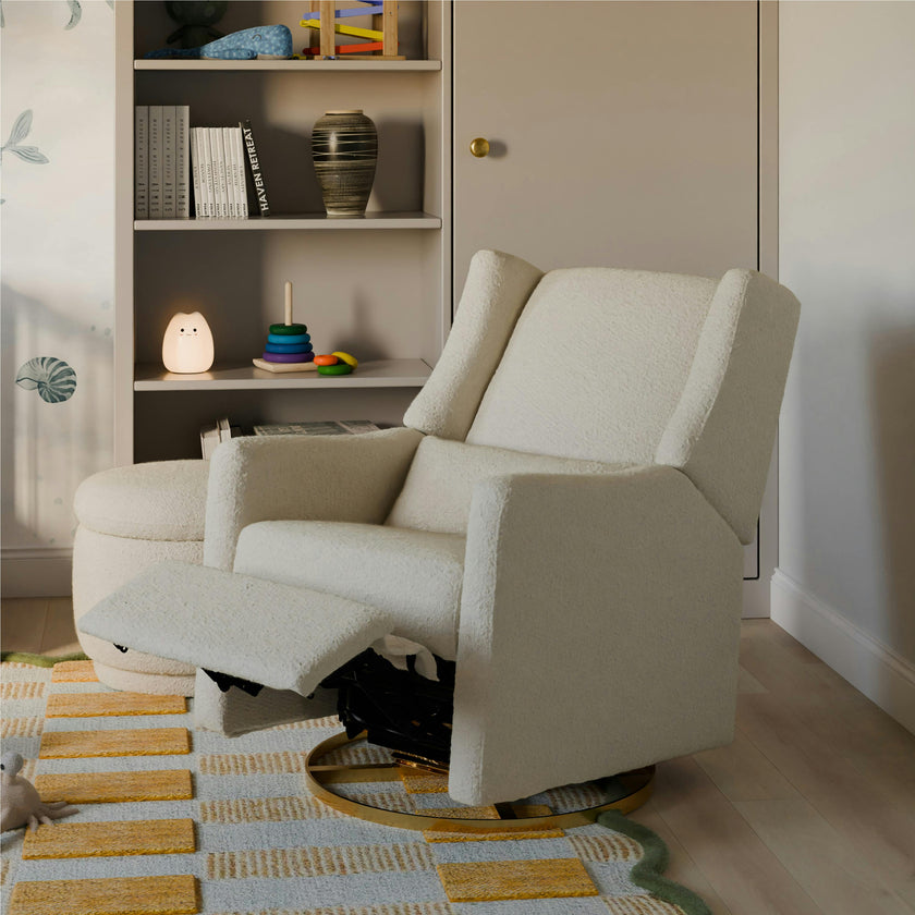 Kiwi Electronic Recliner and Swivel Glider with USB port in Ivory Boucle with Gold Base