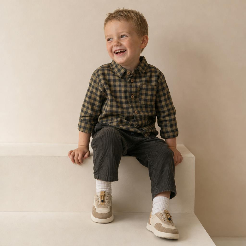 Organic Collared Long Sleeve Shirt - Olive Gingham