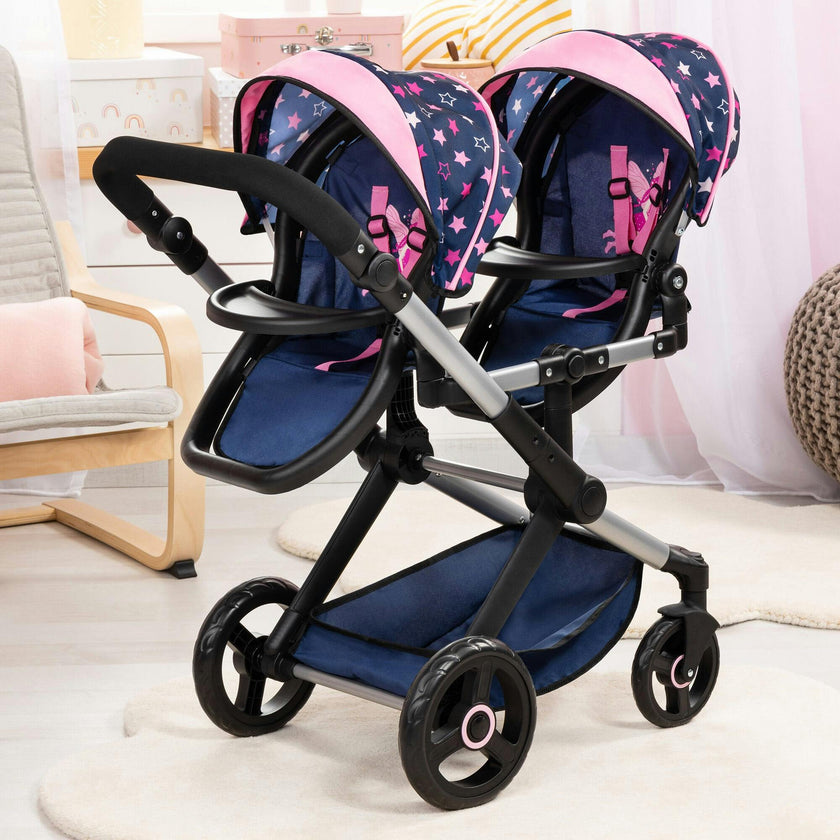Bayer Design Dolls: Xeo Twin Pram - Stars Navy & Pink