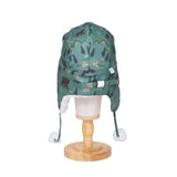 The Cozy Trapper Hat – Camping Trails Print with Coconut White Sherpa Liner & Pompoms