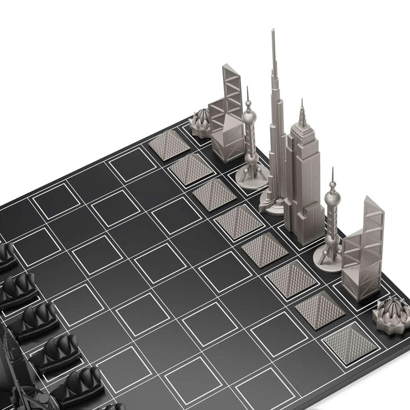 Chess Set Stainless Steel WORLD ICONS with Wooden Grid Board