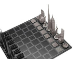 Chess Set Stainless Steel WORLD ICONS with Wooden Grid Board