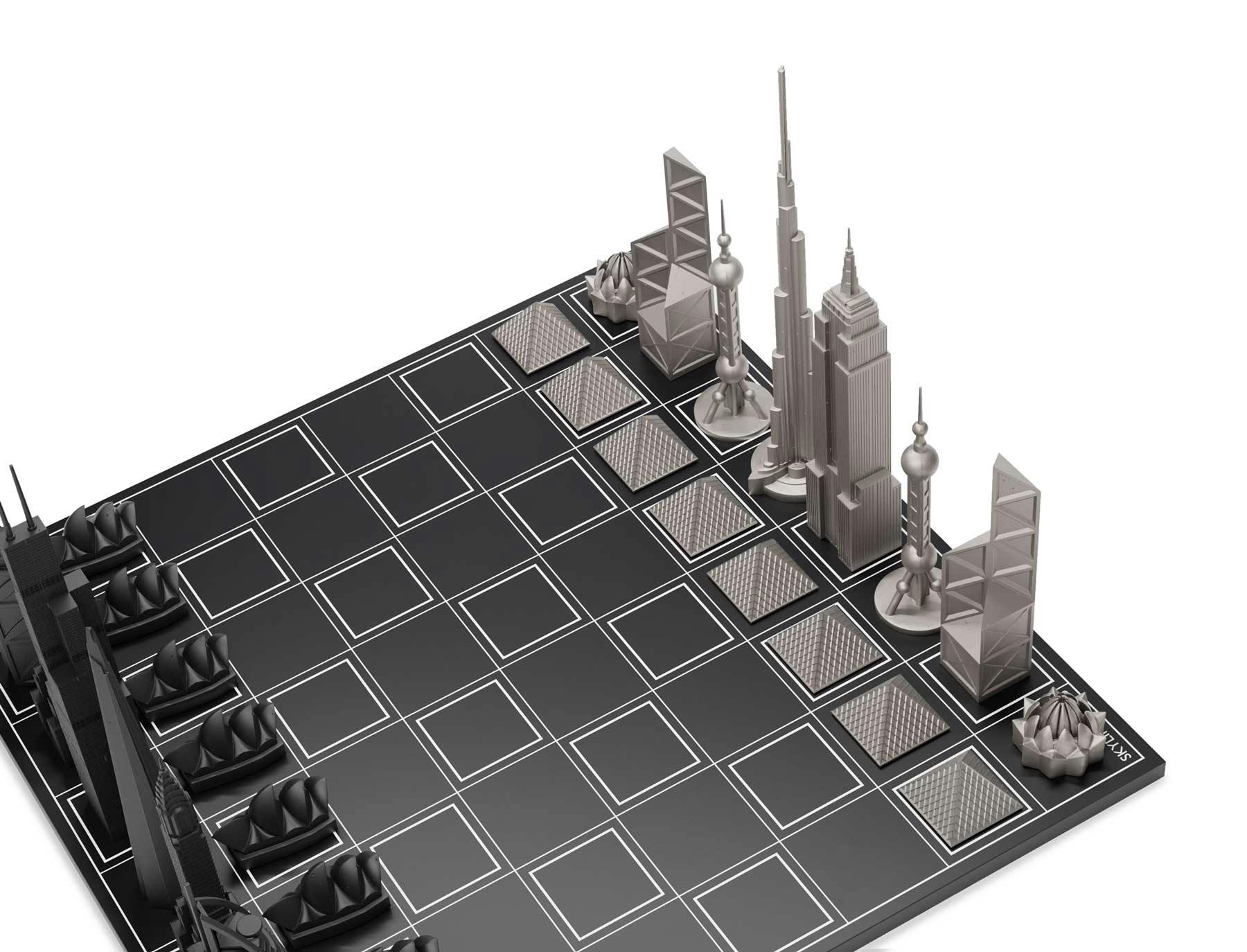 Chess Set Stainless Steel WORLD ICONS with Wooden Grid Board