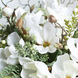 Winter White Magnolia, Pine & Snowberry Christmas Arrangement Centerpiece in Antiqued Silver Metal Urn