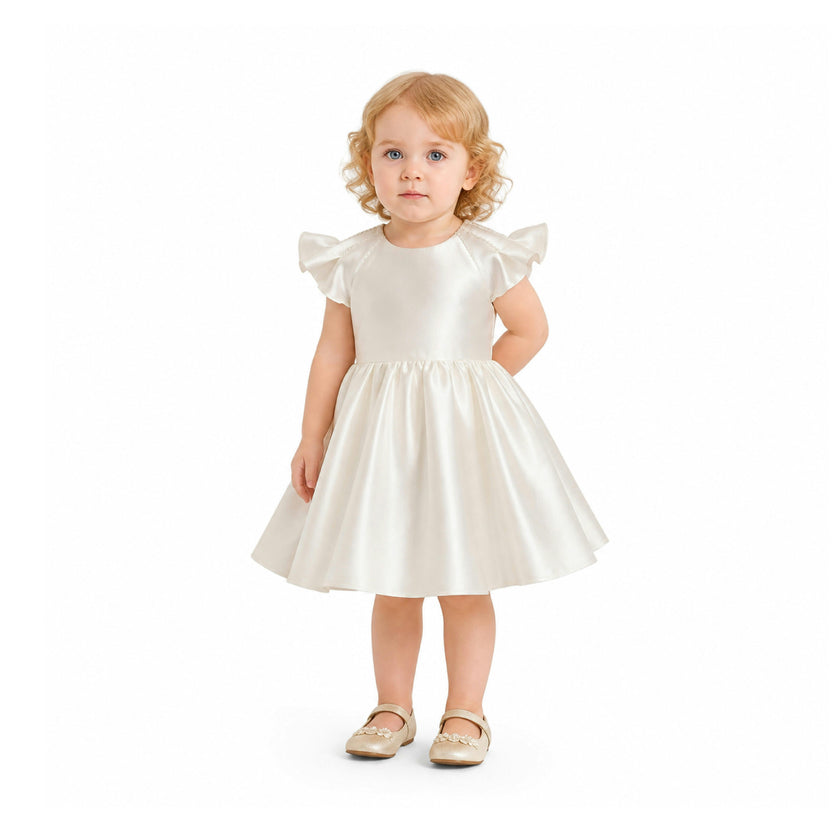 White Maravelle Satin Flutter-Sleeve Dress