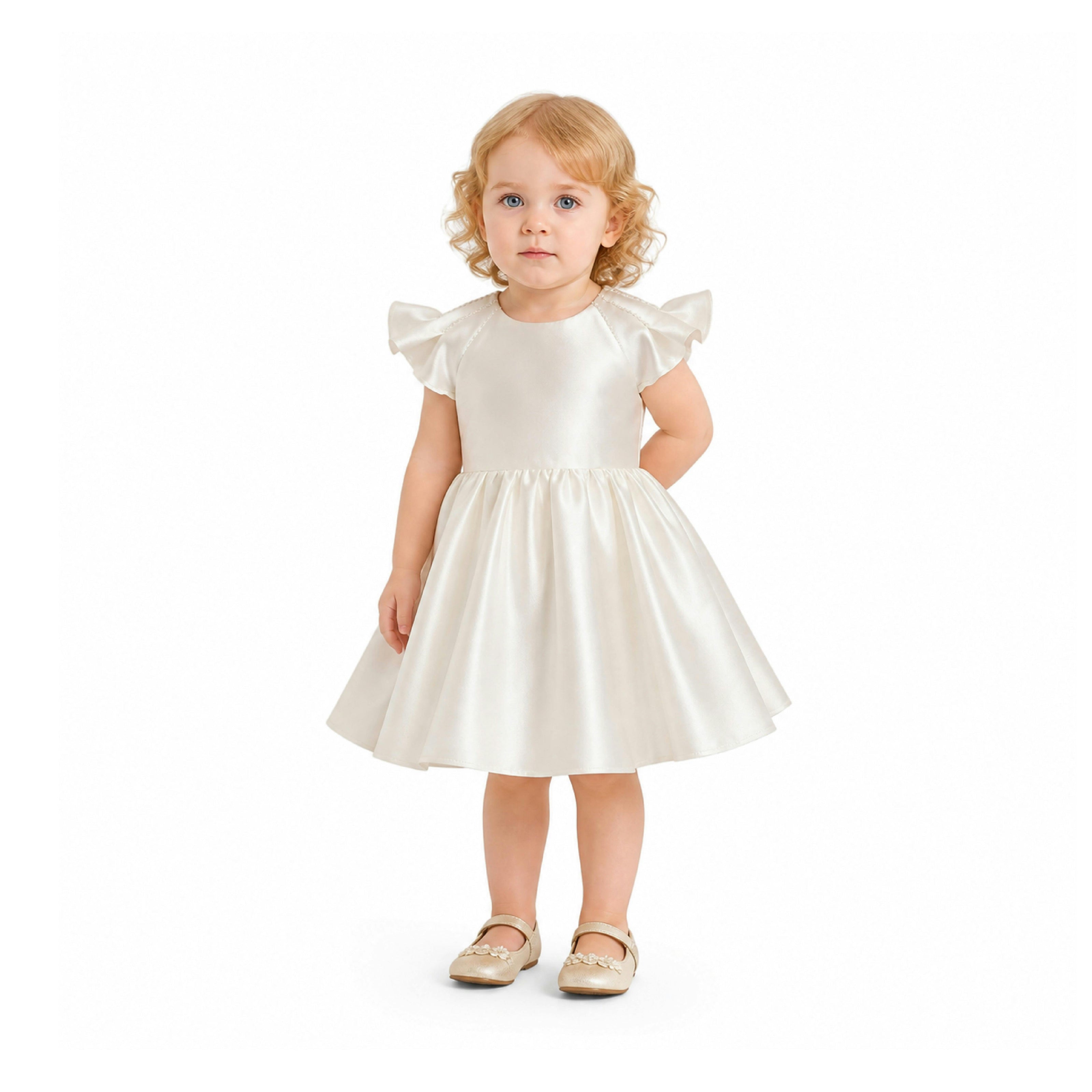 White Maravelle Satin Flutter-Sleeve Dress