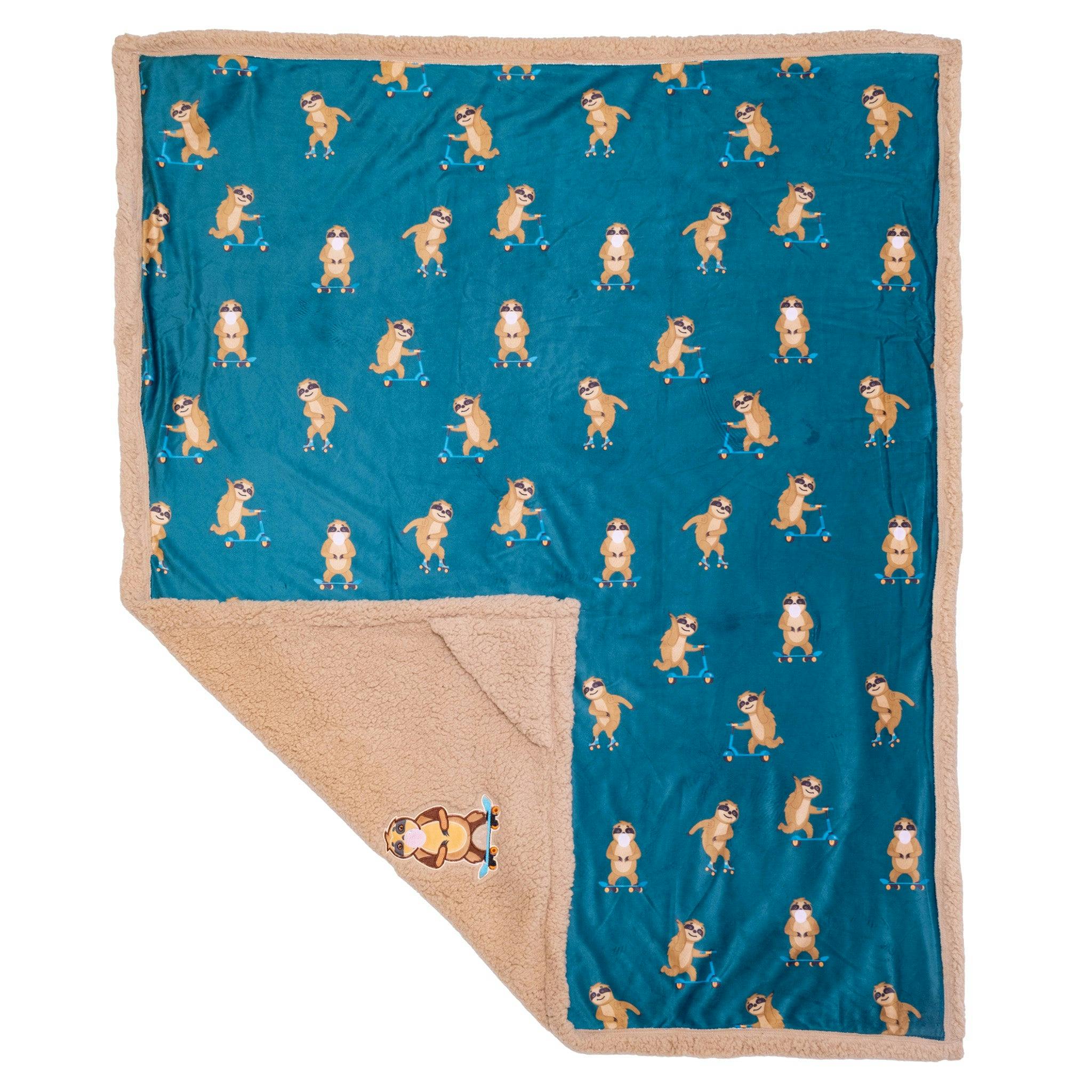 Cozy Switch Blanket – Reversible Sherpa & Mink Fleece Blanket with Embroidered Appliqué, Skating Sloths