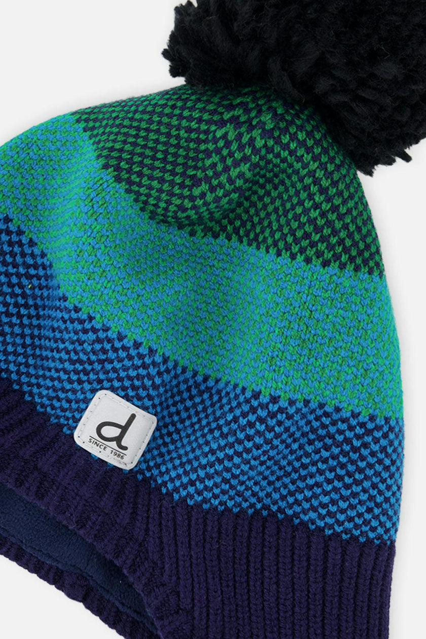 Winter Peruvian Knit Hat with Pompom Blue and Green Knit