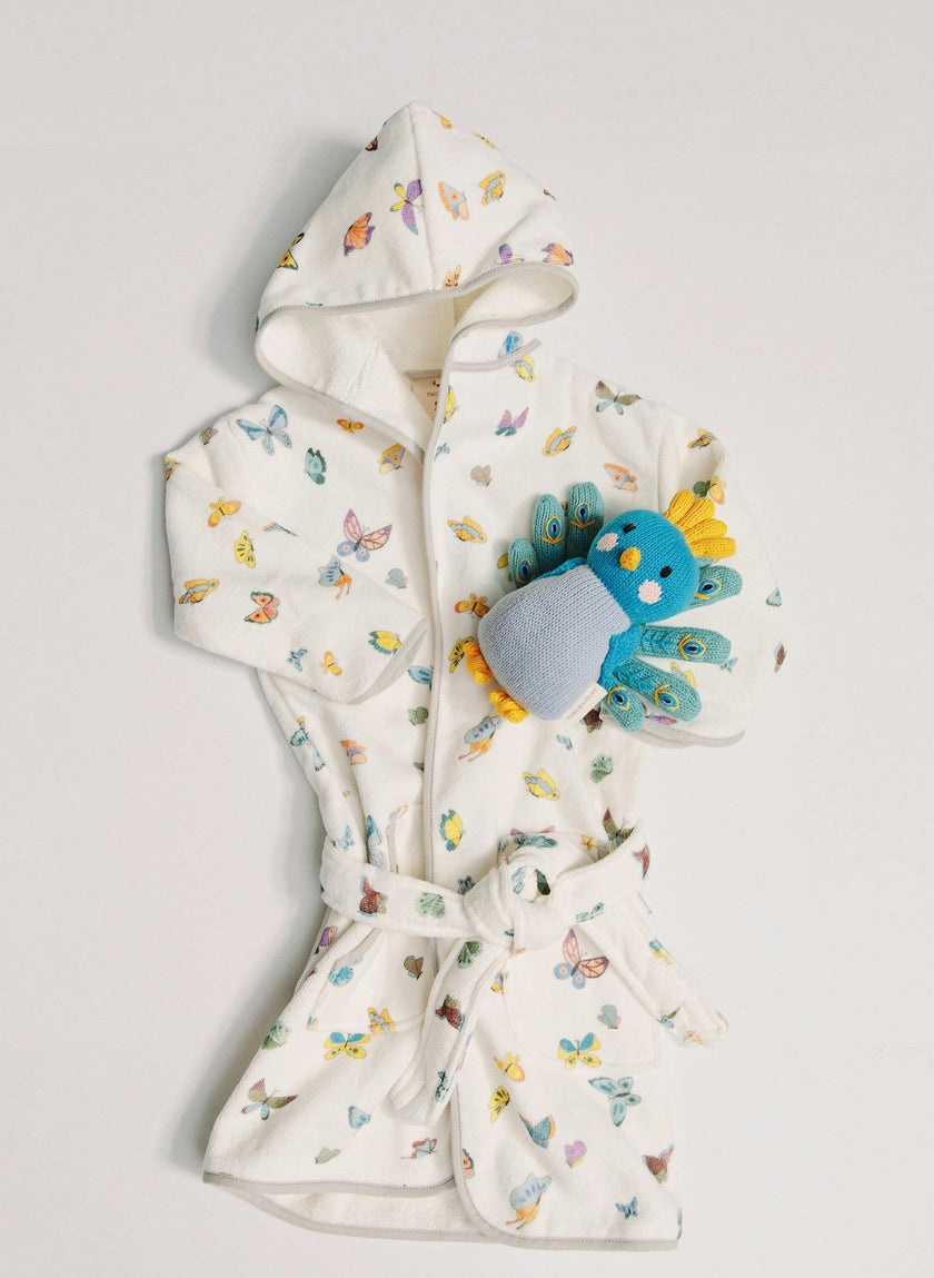 Organic Children’s Bathrobe – Madame Butterfly and Violet the Peacock - Knit Doll