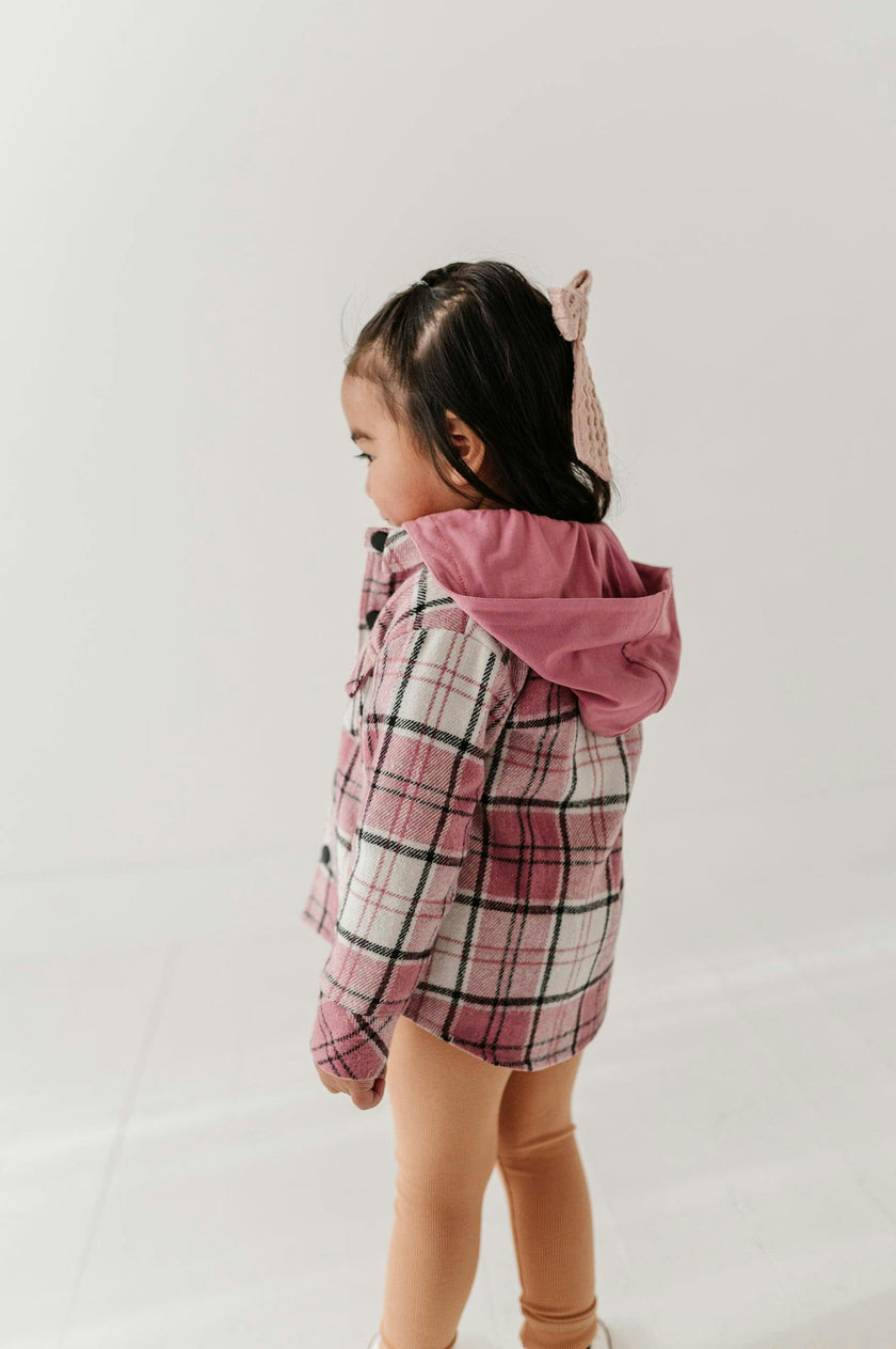 Kids Hooded Shacket in Magenta Plaid