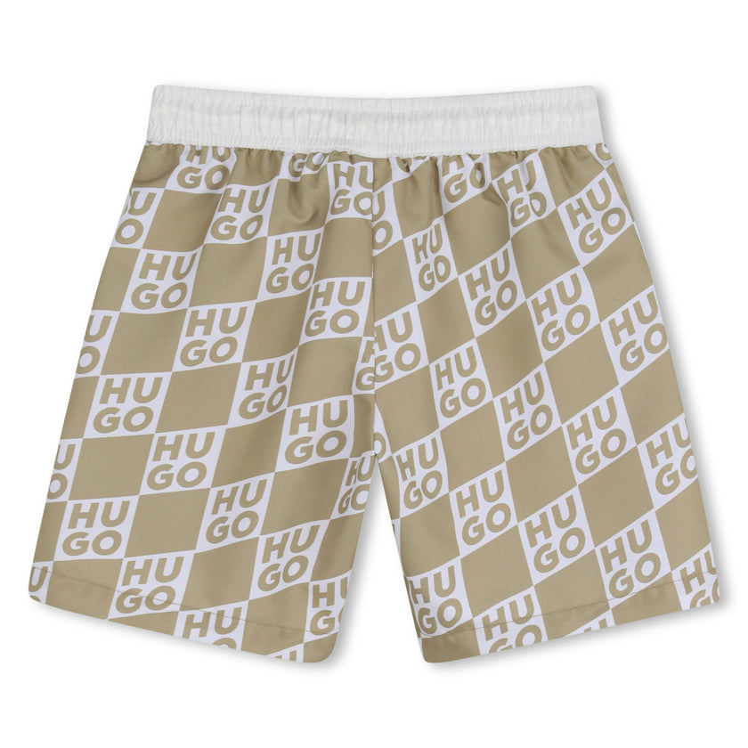 Beige Swim Shorts with All-Over Logo Print